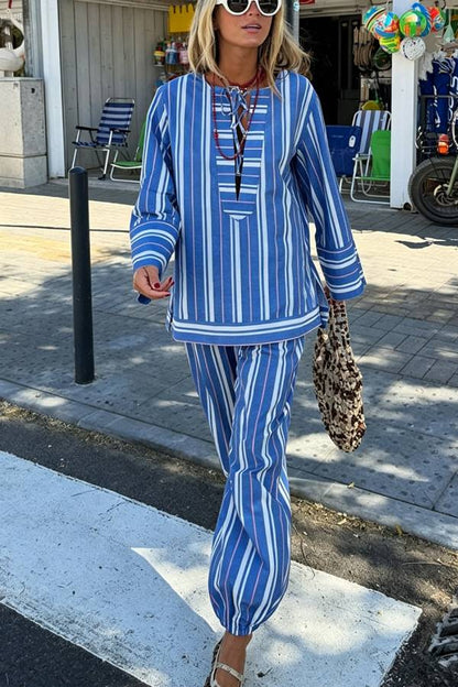 Althea Striped Print Lace-up Neck Long Sleeve Top and Elastic Waist Pocket Lantern Pants Set