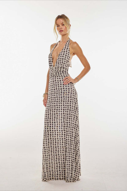 Polka Dot Halter Neck Deep V-Neck Ruched Waist Bodycon Maxi Dress