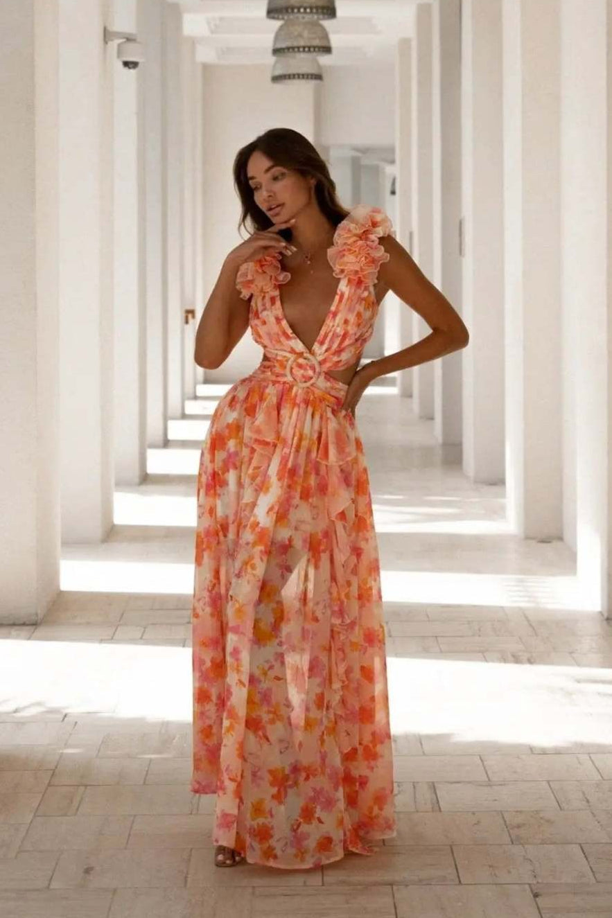 Deep V Backless Cutout Ruffle Floral Dress