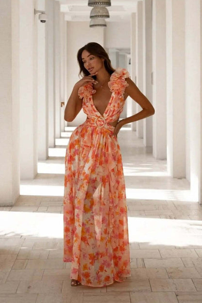 Deep V Backless Cutout Ruffle Floral Dress