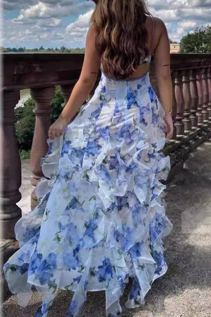 Spaghetti Strap Floral Print Tiered Slit Maxi Dress