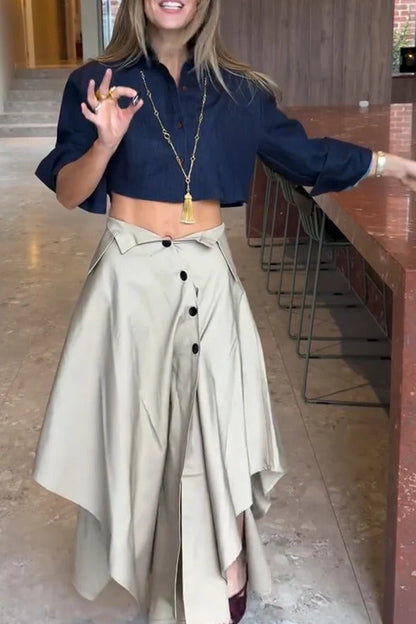 Deconstructivist Tailoring High Rise Asymmetrical Button and Unique Collar Waist A-line Midi Skirt