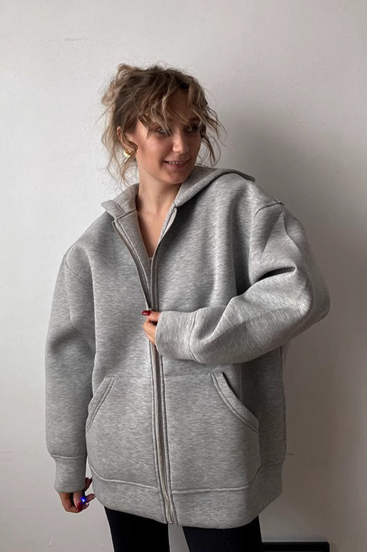 Grey Loose Fit Casual Zip Up Basic Jacket Hoodie