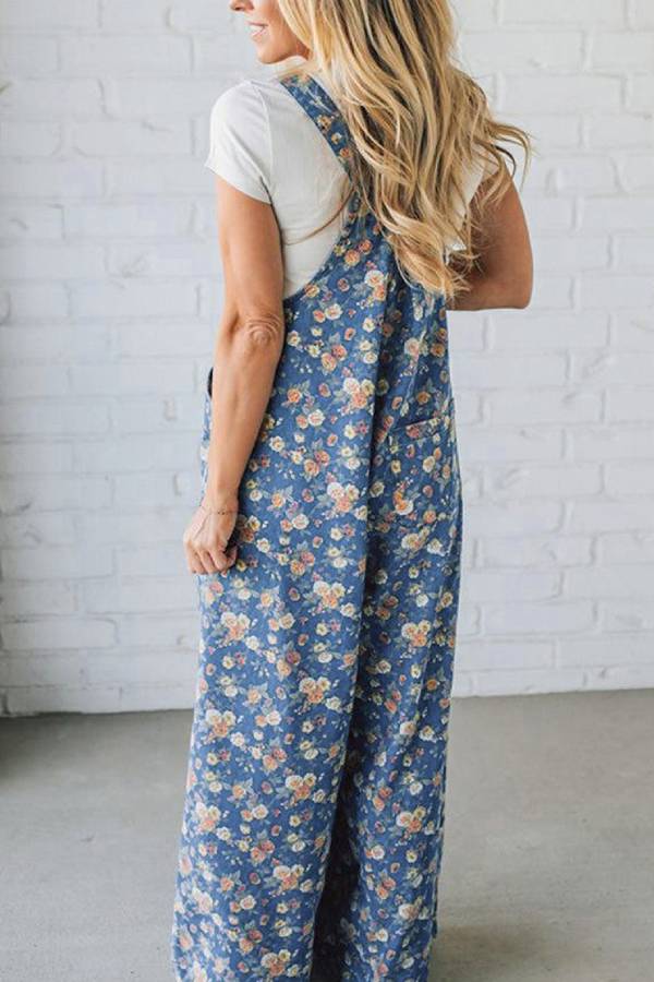 Blue Floral Print Loose Wide Leg Overalls