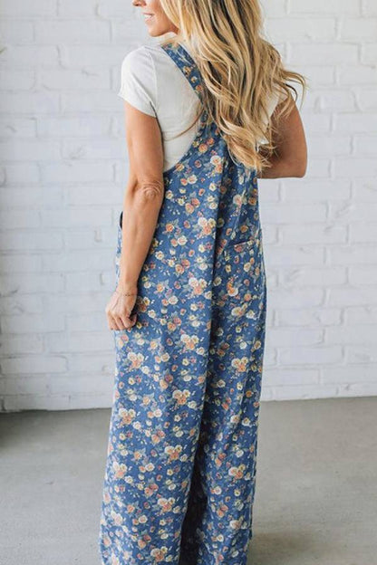 Blue Floral Print Loose Wide Leg Overalls