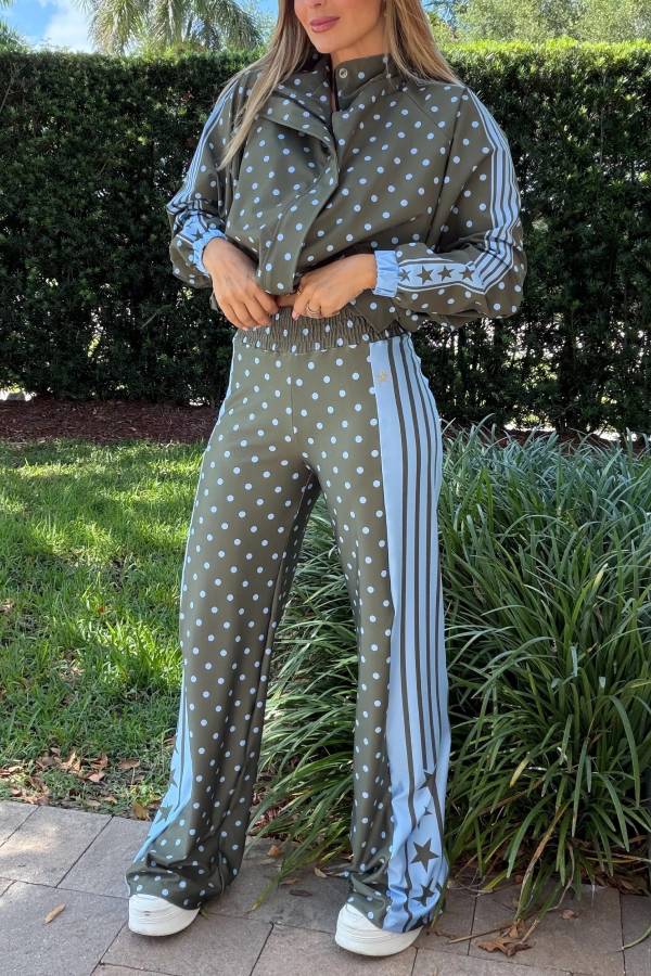 Lucienne Polka Dot Striped Star Print Zipper High Neck Pocket Sporty Jacket
