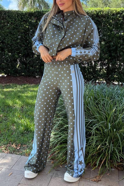 Lucienne Polka Dot Striped Star Print Zipper High Neck Pocket Sporty Jacket