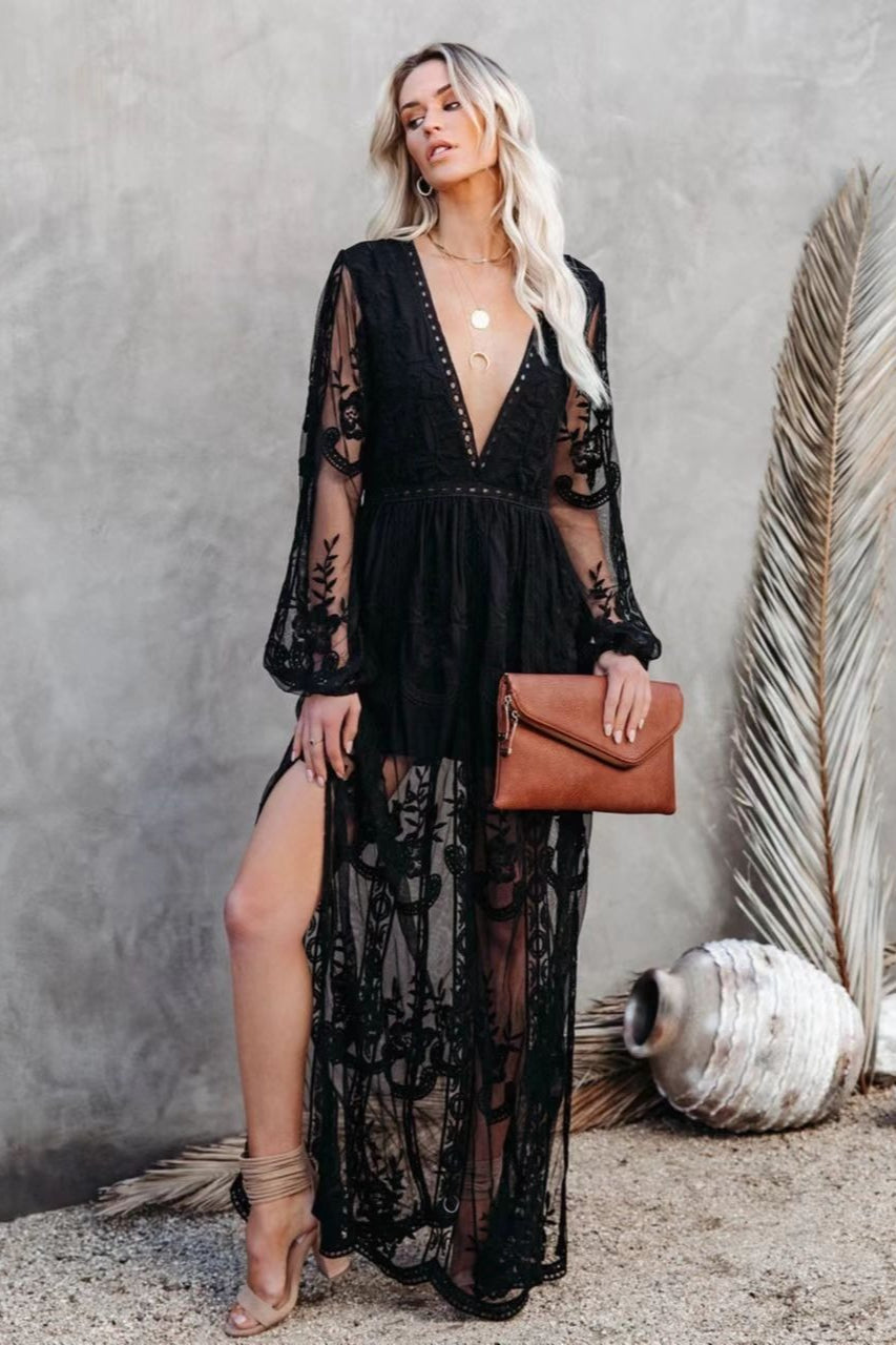 Embroidery V Neck Lace Maxi Boho Dress