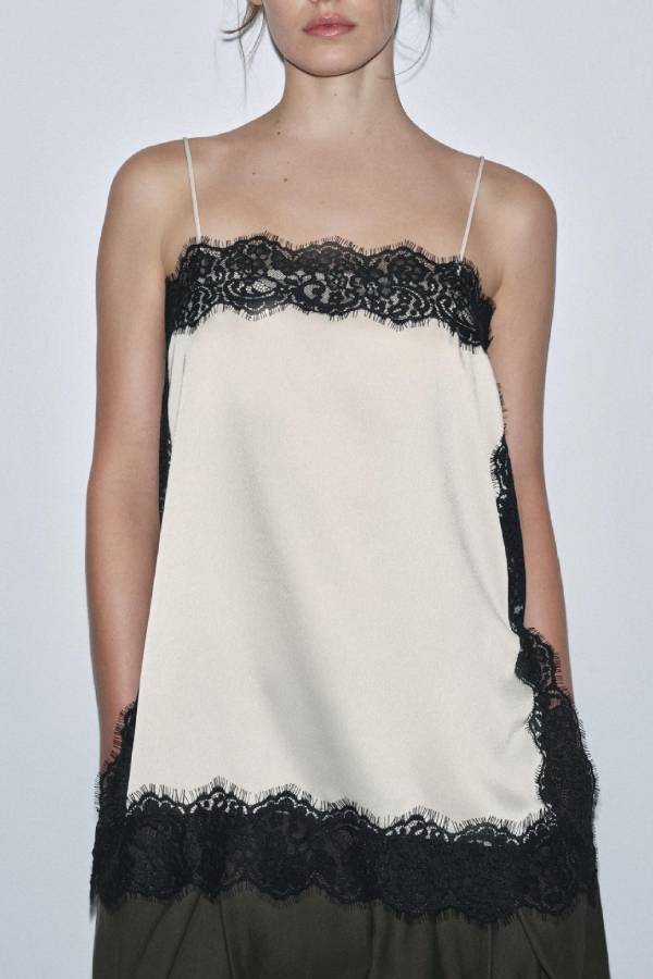 French Lace Trim Satin Thin Strap Camisole Top