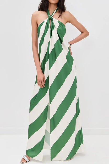 Most Dreamy Stripe Print Halter Tie-up Backless Pocket Loose Maxi Dress