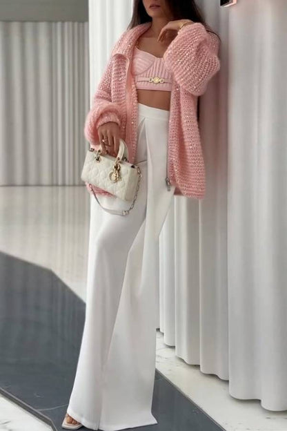 Peach Pink Open Knit Sequin Zip Cardigan Oversized Balloon Sleeve Sweater