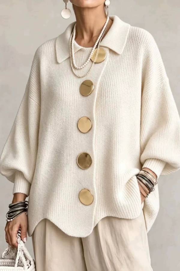 Big Metal Button Collared Lantern Sleeve Knit Cardigan