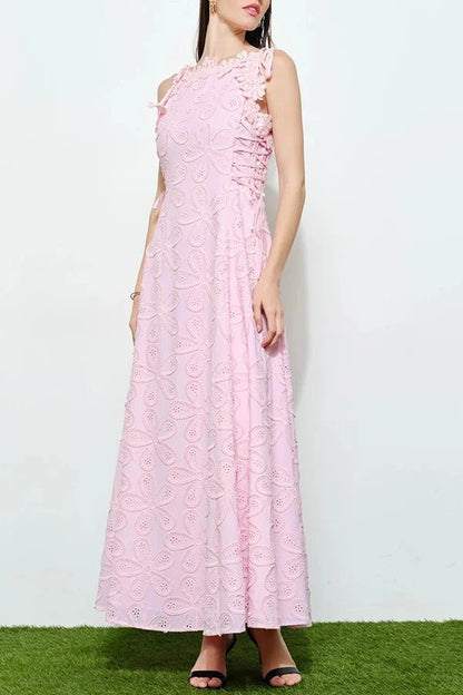 Garden Party Lace Embroidered Cutout Fabric Flower Trim Side Lace-up Maxi Dress