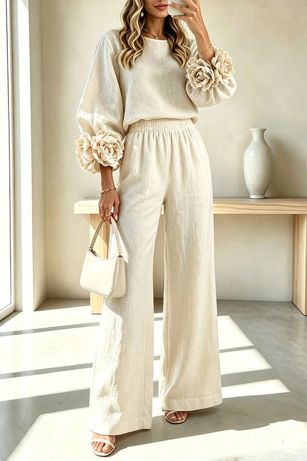 Linen Blend Floral Cuffs Sleeve Top and Elastic Waist Pocket Pants Set