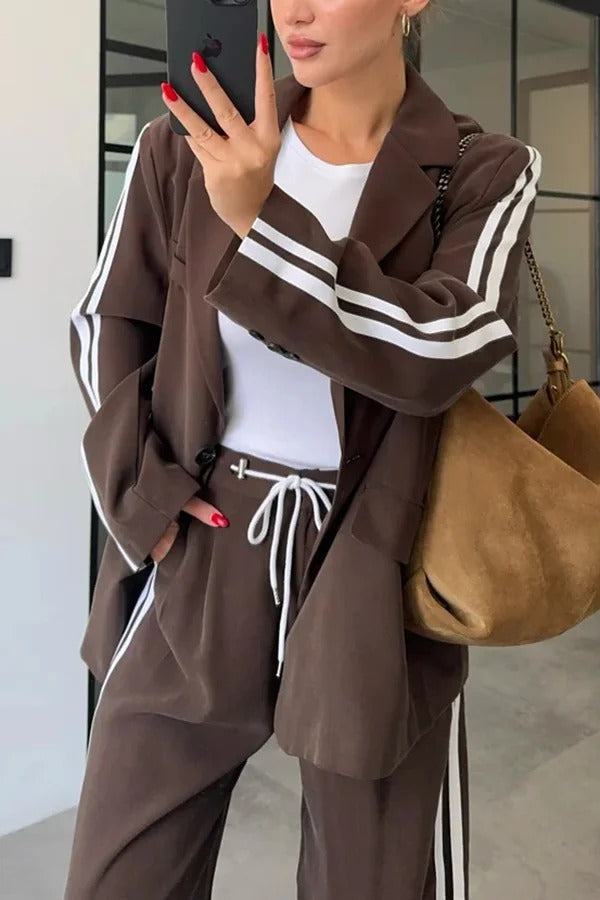 Levvie Striped Trim Long Sleeve Lapel Blazer and Rope Belt Pocketed Wide Leg Pants Set