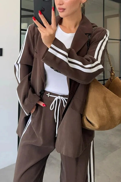 Levvie Striped Trim Long Sleeve Lapel Blazer and Rope Belt Pocketed Wide Leg Pants Set