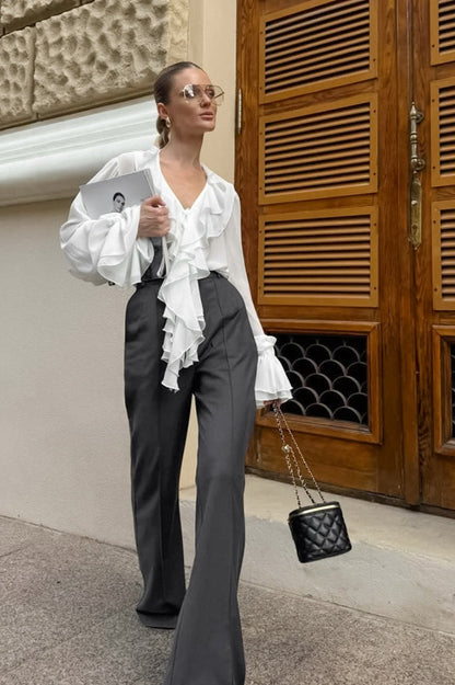 French V Neck Ruffle Blouse