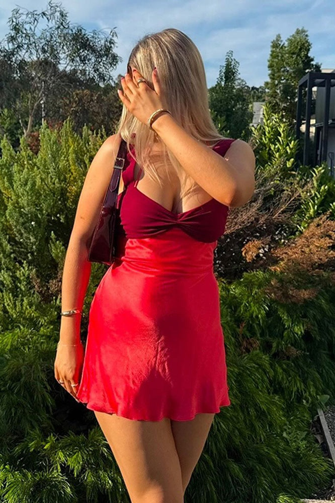 Satin Color Block Backless Cami Bodycon Mini Silk Dress