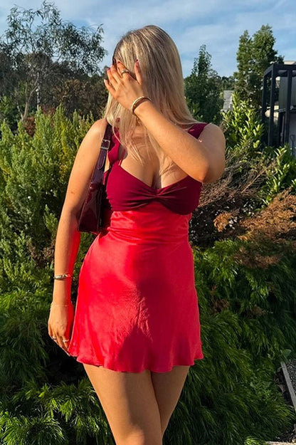 Satin Color Block Backless Cami Bodycon Mini Silk Dress