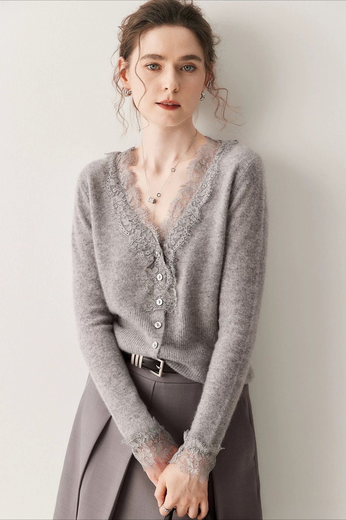 Lace Trim V Neck Cashmere Cardigan