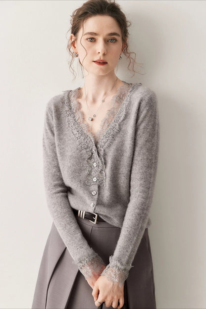 Lace Trim V Neck Cashmere Cardigan
