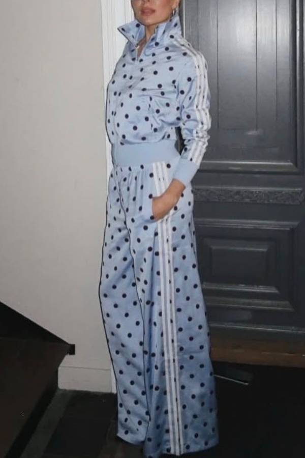 Polka Dot Stripe Stand Collar Zip‑Up Tracksuit Two‑Piece Set