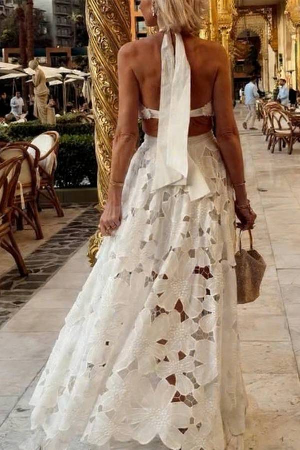 Sevilla Sun Embroidery Crochet Flowers Cutout Waist Halter Backless Maxi Dress