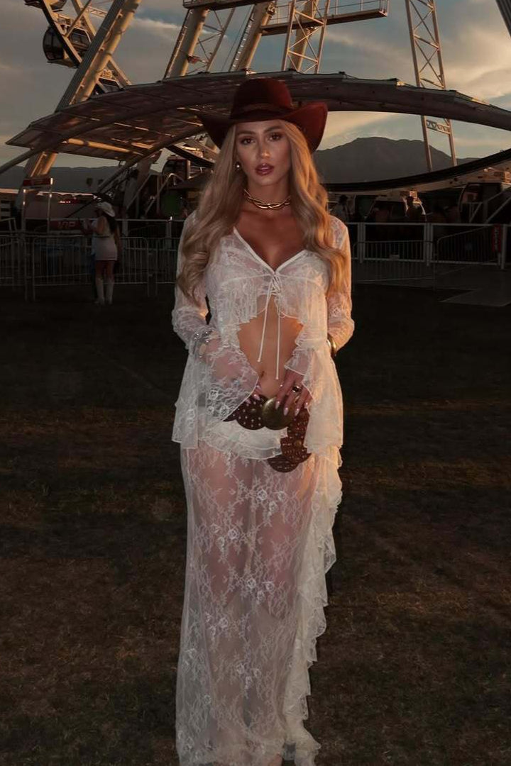 Ruffle Lace Sheer Bell Sleeve Boho Skirt Set