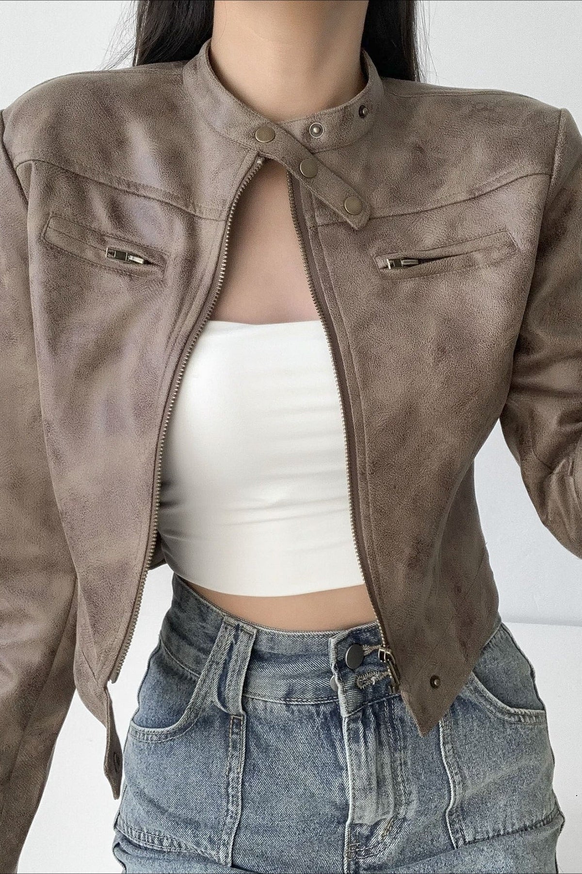 Refined Stand Collar Cropped Moto Jacket