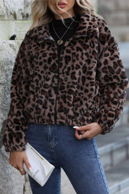 Leopard print faux fur short jacket