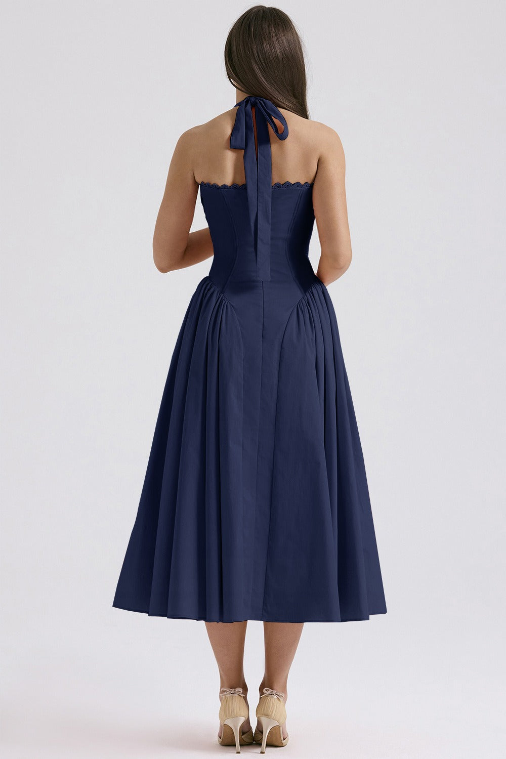 Floral Halter Lace Trim Long Sleeveless Prom Dress