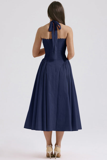 Floral Halter Lace Trim Long Sleeveless Prom Dress
