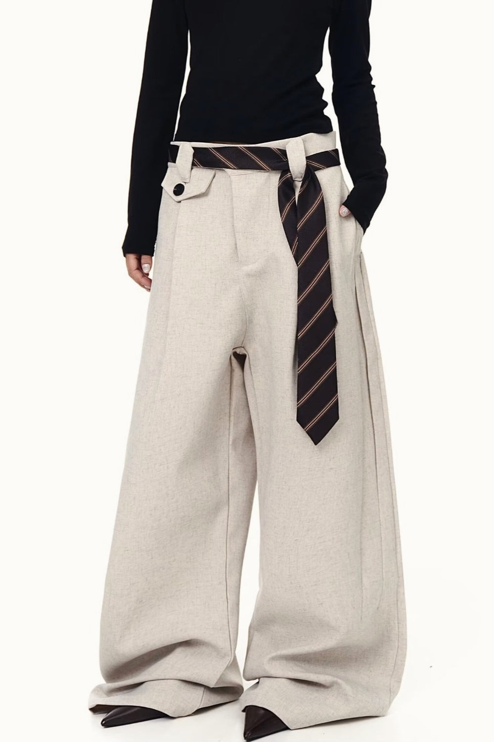 Pleated Tie Detail Wide Leg Draped Pants