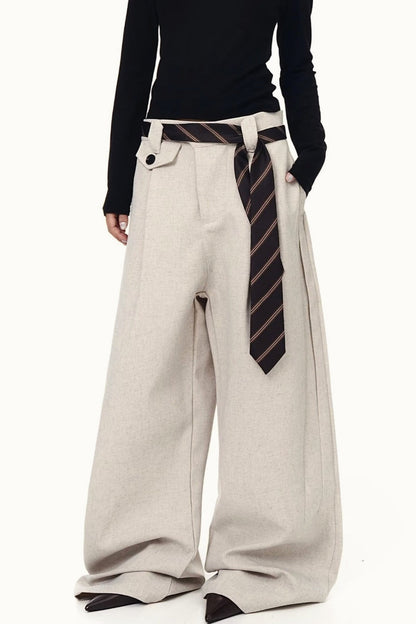 Pleated Tie Detail Wide Leg Draped Pants