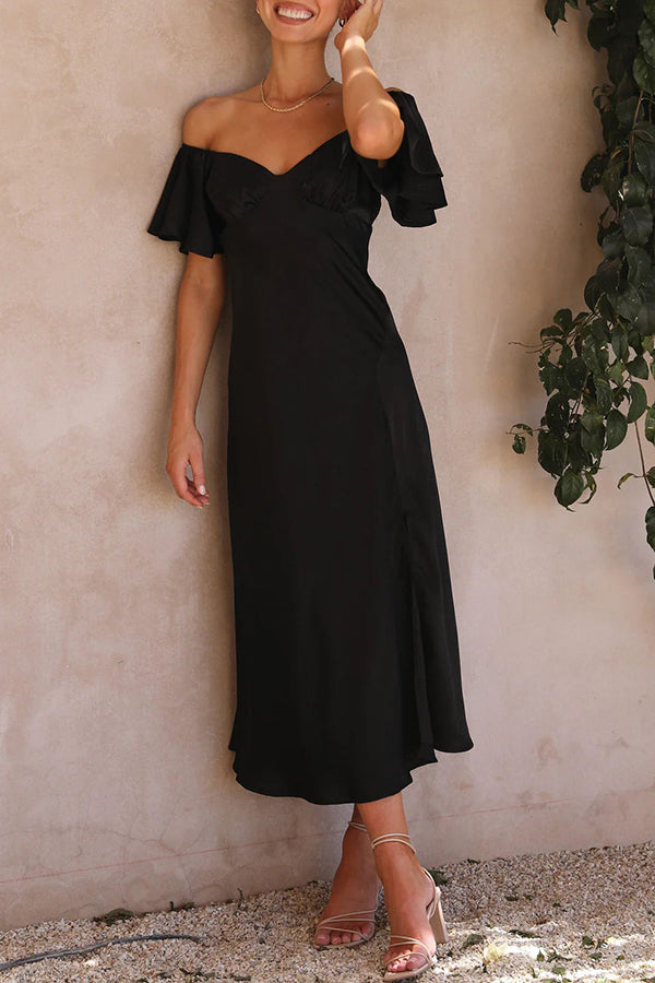 Satin Off Shoulder Flutter Sleeve Sweetheart Ruched Side Slit Midi Dress