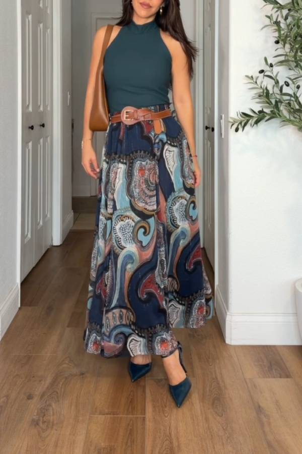 Retro Paisley Print Belted A-Line Skirt
