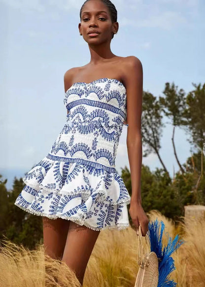 Geometric Print Smocked Strapless Tiered Pom Trim Mini Dress