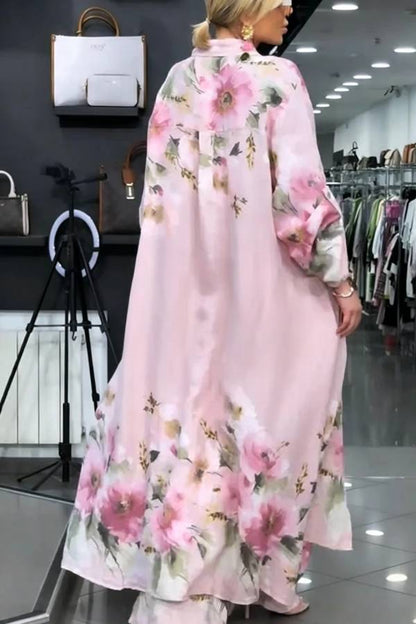 Alice Linen Blend Floral Print Long Sleeve Midi Shirt and Elastic Waist Pocketed Loose Pants Set