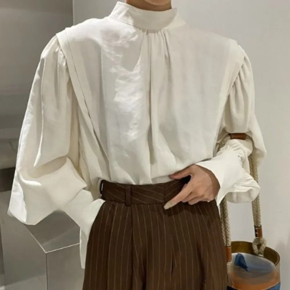 Black Lantern Sleeve Button-Up Blouse