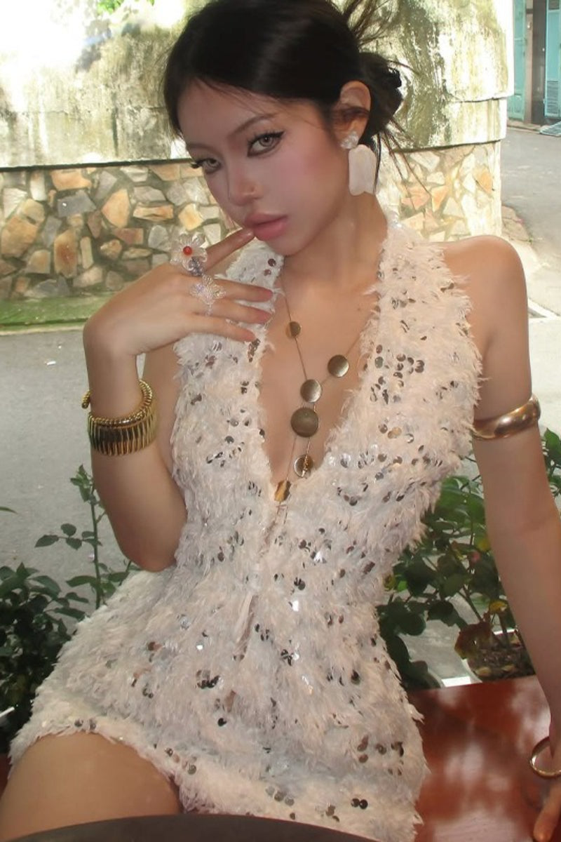 Deep V Halter Backless Faux Fur Sequin Graduation Party Dress