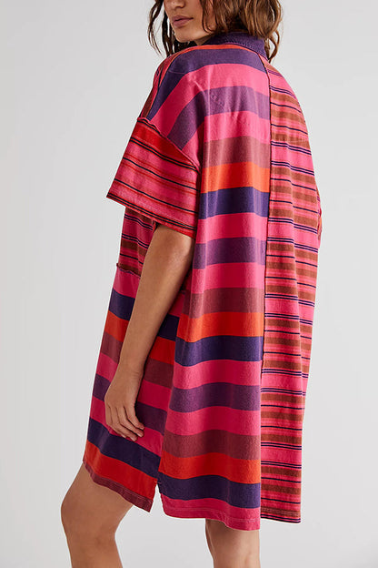 Denim Collar Striped Patchwork Polo Rugby Mini Dress