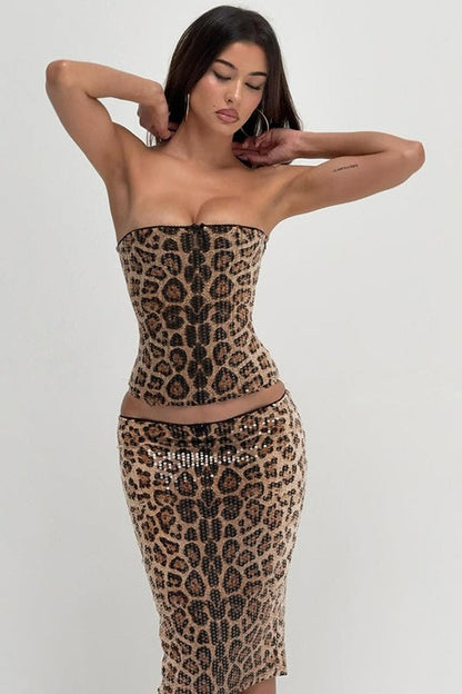 Leopard Print Lace Up Corset Sequin Midi Skirt Set