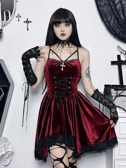 Lace Up Corset Spaghetti Strap Lace Trim Hi-Low Mini Dress