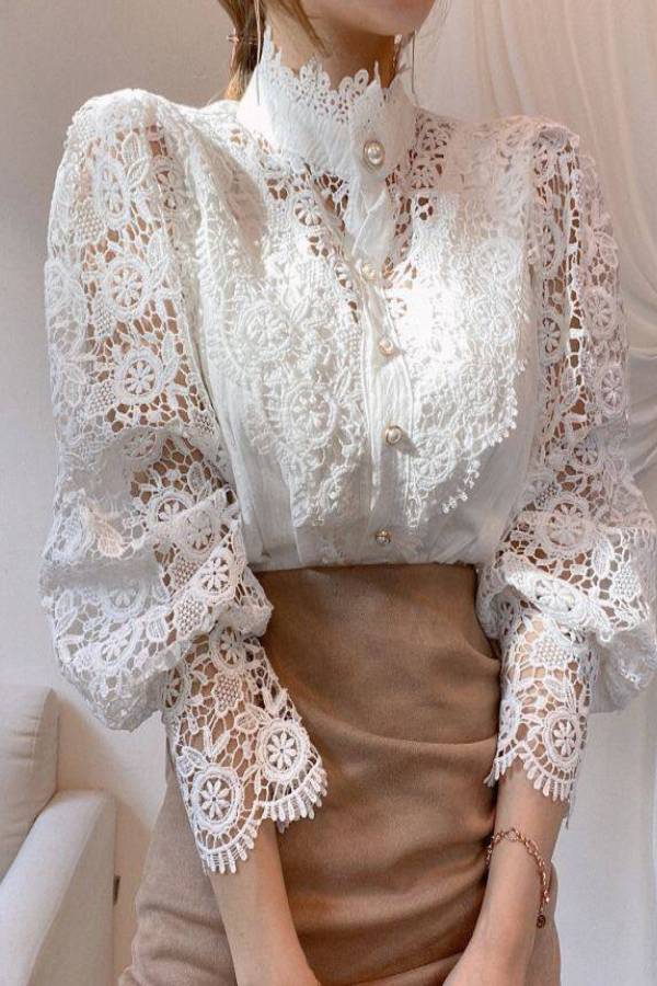 French Stand Collar Hollow Lace Puff Sleeve Blouse