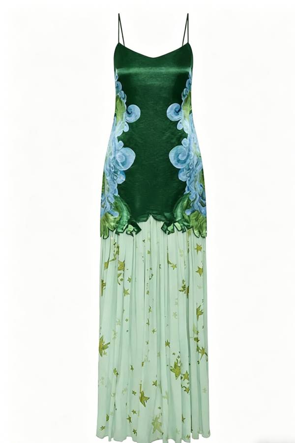 Fresh Bloom Unique Print Satin and Pleated Tulle Hem Slip Maxi Dress