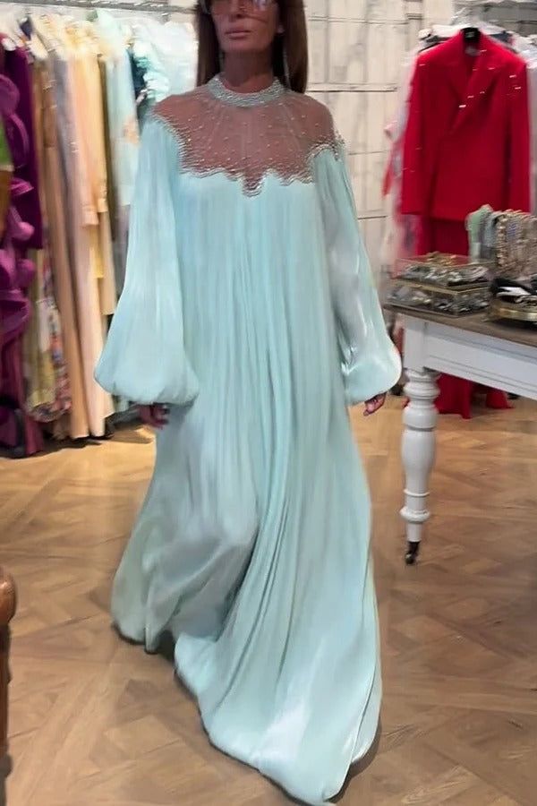 Eileen Georgette Sparkling Crystal Embroidery Detail Balloon Sleeve Kaftan Robe Maxi Dress