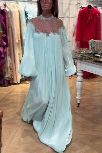 Eileen Georgette Sparkling Crystal Embroidery Detail Balloon Sleeve Kaftan Robe Maxi Dress
