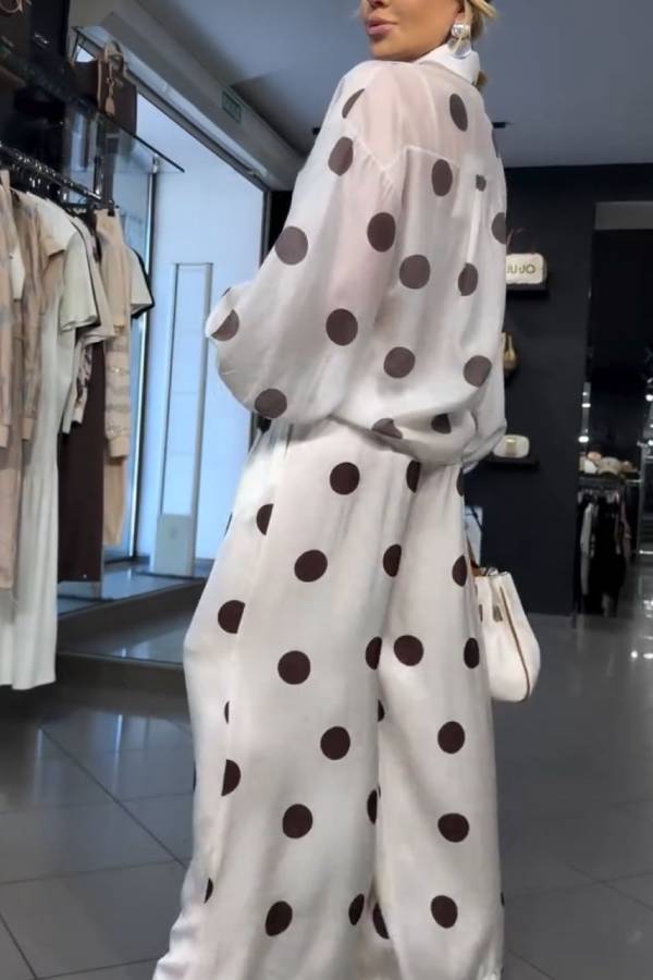 Coffee Polka Dot Satin Sheer Shirt & Wide Leg Pants Two-Piece Set