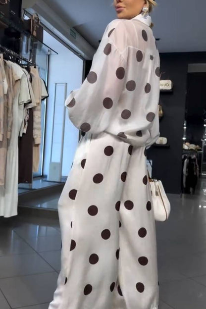 Coffee Polka Dot Satin Sheer Shirt & Wide Leg Pants Two-Piece Set
