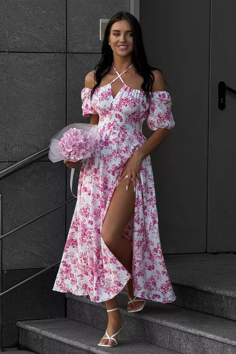 Off Shoulder Tie Waist Slit Floral Dress